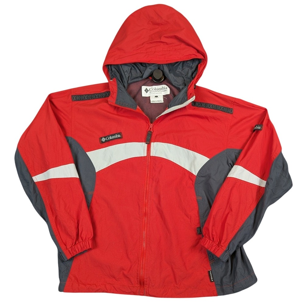 Columbia Womens Packable Rain Jacket Red‎ Grey Colorblock Windbreaker L KL3034